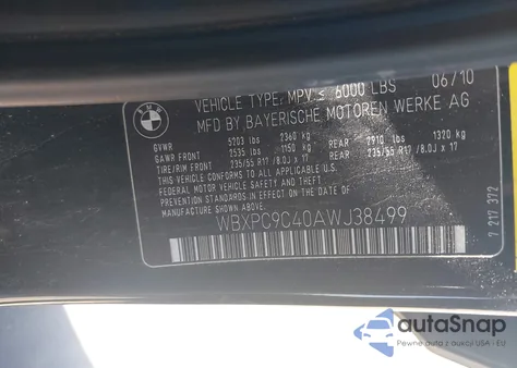 2010 BMW X3 xDrive30I z USA, uszkodzony, nr VIN WBXPC9C40AWJ38499